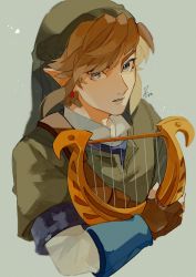 Rule 34 | 1boy, armor, artist name, blonde hair, blue eyes, brown gloves, chainmail, collared shirt, earrings, fingerless gloves, gloves, green hat, green tunic, grey background, hair between eyes, harp, hat, highres, holding, holding instrument, instrument, jewelry, link, long sleeves, looking at viewer, male focus, nintendo, parted lips, pisu 1107, pointy ears, shirt, short hair, sidelocks, solo, the legend of zelda, the legend of zelda: skyward sword, upper body, white shirt