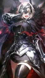 Rule 34 | 1girl, absurdres, ahoge, armor, armored dress, breasts, cape, chain, cleavage, covering one eye, cowboy shot, dress, fate/grand order, fate (series), fur-trimmed cape, fur collar, fur trim, gauntlets, half-closed eyes, headpiece, highres, hoojiro, jeanne d&#039;arc (fate), jeanne d&#039;arc alter (avenger) (fate), jeanne d&#039;arc alter (fate), large breasts, looking at viewer, medium breasts, open mouth, short hair, silver hair, smile, solo, thighhighs, thighs, tsurime, yellow eyes