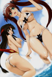 Rule 34 | 2girls, absurdres, airi (queen&#039;s blade), ass, back, barefoot, bikini, black eyes, black hair, breasts, butt crack, cleavage, covering privates, covering breasts, crossed arms, feet, green eyes, headband, highres, large breasts, long hair, maid headdress, micro bikini, mitarashi kousei, multiple girls, open mouth, panties, queen&#039;s blade, red hair, swimsuit, thong, tomoe (queen&#039;s blade), twintails, underboob, underwear, water