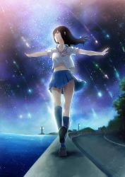 Rule 34 | 1girl, backlighting, bad id, bad pixiv id, black footwear, black hair, blue skirt, blue socks, collarbone, collared shirt, full body, highres, kanno sayu, kneehighs, loafers, long hair, looking to the side, looking up, midriff, neck ribbon, night, original, outdoors, outstretched arms, parted lips, pleated skirt, ribbon, road, shirt, shoes, shooting star, short sleeves, skirt, sky, socks, solo, spread arms, star (sky), starry sky, walking, water, white shirt, wind, wing collar