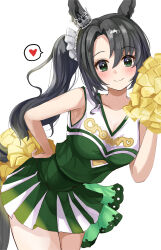 Rule 34 | 1girl, animal ears, black hair, blush, breasts, cleavage, commentary request, cowboy shot, green eyes, green shirt, green skirt, hair between eyes, hanamura pink, hand on own hip, heart, highres, holding, holding pom poms, horse ears, horse girl, horse tail, medium breasts, multicolored hair, pom pom (cheerleading), pom poms, satono crown (umamusume), shirt, simple background, skirt, smile, solo, spoken heart, streaked hair, tail, umamusume, white background, white hair