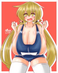 Rule 34 | 10s, 1girl, alternate breast size, ayazumi flutter, blonde hair, blue one-piece swimsuit, blush, breasts, female focus, gigantic breasts, kantai collection, long hair, long twintails, looking at viewer, one-piece swimsuit, open mouth, plump, satsuki (kancolle), school swimsuit, sideboob, simple background, solo, standing, sweatdrop, swimsuit, thighhighs, twintails, very long hair, white thighhighs