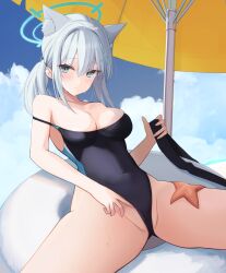 Rule 34 | 1girl, absurdres, animal ear fluff, animal ears, beach umbrella, black one-piece swimsuit, blue archive, blue eyes, blue sky, breasts, cleavage, clothes pull, cloud, competition swimsuit, covered navel, cross hair ornament, e-na, extra ears, grey hair, hair ornament, halo, highleg, highleg swimsuit, highres, low ponytail, medium breasts, medium hair, mismatched pupils, multicolored clothes, multicolored swimsuit, official alternate costume, one-piece swimsuit, one-piece swimsuit pull, shiroko (blue archive), shiroko (swimsuit) (blue archive), sitting, sky, solo, spread legs, starfish, swimsuit, umbrella, wolf ears, yellow umbrella