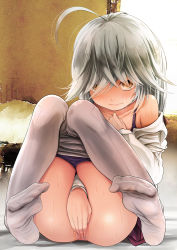 Rule 34 | 1girl, ass, bare shoulders, bra, brown eyes, closed mouth, clothes pull, collarbone, collared shirt, commentary request, covering privates, covering crotch, eyes visible through hair, glaring, grey hair, grey pantyhose, hair over one eye, hamanami (kancolle), kantai collection, knees together feet apart, knees up, kurona, long hair, looking at viewer, no shoes, off shoulder, panties, panty pull, pantyhose, pantyhose pull, pleated skirt, purple bra, purple panties, purple skirt, shirt, skirt, soles, solo, sweat, underwear, white shirt