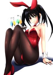 Rule 34 | 10s, 1girl, ass, bare shoulders, black hair, blush, breasts, cleavage, clock eyes, date a live, drink, female focus, glass, high heels, legs, leotard, long hair, looking at viewer, ornament, pantyhose, playboy bunny, red eyes, red ribbon, ribbon, simple background, sitting, solo, symbol-shaped pupils, thighs, tokisaki kurumi, tray, twintails, white background