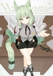 Rule 34 | 1girl, absurdres, animal ears, arknights, arm behind back, belt pouch, black skirt, blazer, blush, boots, breasts, cat ears, cat girl, cat ornament, cat tail, character name, coat, collared shirt, crossed legs, from above, full body, green eyes, green hair, grey eyes, grey jacket, hand up, happy, harmonie (arknights), highres, infection monitor (arknights), jacket, large breasts, looking at viewer, looking up, miniskirt, nishimiya aki, open clothes, open coat, pleated skirt, pouch, shirt, sitting, sitting on table, skirt, solo, striped clothes, tail, thighs, vertical-striped clothes, white coat, white shirt