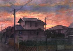 Rule 34 | building, chain-link fence, cloud, cloudy sky, day, fence, highres, house, morning, no humans, orange sky, original, painting (medium), power lines, road, sky, street, sunrise, tlctm7h8wdwnthx, traditional media, tree, utility pole