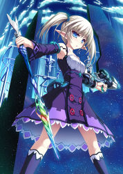 Rule 34 | 1girl, armpits, blue eyes, buttons, cloud, collarbone, day, detached sleeves, dress, dual wielding, from below, gun, highres, holding, original, pointy ears, silver hair, solo, sword, tenmaso, twintails, weapon