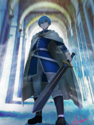 Rule 34 | 1boy, absurdres, arm at side, black footwear, blue eyes, blue hair, blue jacket, boots, cape, closed mouth, cold, commentary, doorway, fighting stance, full body, hair between eyes, highres, himmel (sousou no frieren), holding, holding sword, holding weapon, hylran0427, indoors, jacket, looking at viewer, mole, mole under eye, motion blur, pants, short hair, signature, solo, sousou no frieren, standing, sword, visible air, weapon, white cape, white pants
