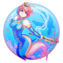 Rule 34 | 1girl, ahoge, air bubble, bare shoulders, blue dress, blue eyes, blue sleeves, breasts, bubble, commentary request, coral, covered collarbone, detached sleeves, dress, facial mark, fish, forehead mark, full body, hand fan, hat, highres, holding, holding fan, kondou totetsu, looking at viewer, medium breasts, mermaid, mini hat, monster girl, original, pink hair, sea turtle, short hair, side slit, sidelocks, sleeveless, sleeveless dress, smile, solo, swept bangs, turtle