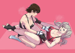 Rule 34 | 2girls, absurdres, cirenk, fingerless gloves, gloves, highres, mixed martial arts, mma gloves, multiple girls, niijima makoto, no shoes, persona, persona 5, takamaki anne