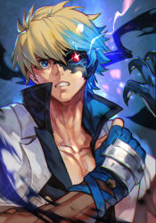 Rule 34 | 1boy, arc system works, aura, black sclera, blue background, blue eyes, claws, collarbone, colored sclera, dragon install, fingerless gloves, gloves, glowing, glowing eye, guilty gear, guilty gear strive, hair between eyes, heterochromia, hungry clicker, jacket, ky kiske, lightning, male focus, multicolored hair, open mouth, pectoral cleavage, pectorals, red eyes, short hair, solo, upper body, white jacket