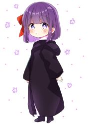Rule 34 | aged down, black footwear, black hoodie, blush, boots, bow, child, closed mouth, eyebrows hidden by hair, fern (sousou no frieren), floral background, frills, hair bow, highres, hood, hoodie, looking at viewer, nanami ayane (kusunoki5050), puffy sleeves, purple eyes, purple hair, short hair, simple background, sousou no frieren, standing