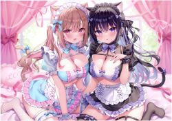 Rule 34 | 2girls, absurdres, animal ears, apron, between breasts, black hair, black shirt, black skirt, black thighhighs, blonde hair, blue shirt, blue skirt, bow, bowtie, breasts, cat ears, cat tail, center frills, chest harness, cleavage, colored inner hair, crop top, ear piercing, extra ears, fishnet thighhighs, fishnets, frilled skirt, frills, hair bow, hand on own chest, hand up, harness, highres, large breasts, long hair, looking at viewer, maid, maid apron, maid headdress, midriff, miniskirt, multicolored hair, multiple girls, nail polish, no shoes, open mouth, original, piercing, red eyes, scan, scrunchie, see-through, see-through sleeves, shiono (0303), shirt, short sleeves, skirt, smile, streaked hair, tail, tail bow, tail ornament, thigh strap, thighhighs, thighs, tongue, tongue out, twintails, two-tone hair, two side up, v-shaped eyebrows, waist apron, white thighhighs, wrist scrunchie, zettai ryouiki