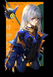 Rule 34 | 1girl, black border, blue eyes, blue nails, bodysuit, border, breasts, closed mouth, commentary, drone, english commentary, glasses, grey hair, highres, jacket, lips, long hair, long sleeves, looking at viewer, open clothes, open jacket, original, outside border, red-framed eyewear, shadow, small breasts, solo, yeonjun park