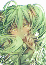 Rule 34 | 1girl, :&lt;, absurdres, ahoge, bad id, bad pixiv id, blush, chromatic aberration, close-up, closed mouth, commentary, eyelashes, green eyes, green hair, hair between eyes, hand to own mouth, hatsune miku, highres, long hair, looking at viewer, musical note, portrait, ruki kurage, simple background, solo, symbol-only commentary, twintails, vocaloid, white background