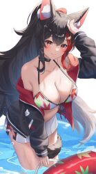 Rule 34 | 1girl, animal ears, bikini, black choker, black hair, black jacket, blush, breasts, choker, cleavage, closed mouth, collarbone, front-tie bikini top, front-tie top, hair ornament, hairclip, highres, hololive, hood, hooded jacket, jacket, large breasts, leaf print, long hair, looking at viewer, official alternate costume, official alternate hairstyle, ookami mio, ookami mio (hololive summer 2019), open clothes, open jacket, pendora1022, print bikini, red hair, shorts, side slit, side slit shorts, sidelocks, simple background, smile, solo, standing, standing on liquid, swimsuit, tail, thigh strap, two-sided fabric, two-sided jacket, very long hair, virtual youtuber, water, wet, white background, white bikini, white shorts, wide ponytail, wolf ears, wolf girl, wolf tail