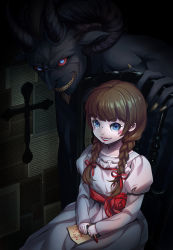 Rule 34 | 1girl, 1other, annabelle: creation, annabelle (annabelle), annabelle (movie), black skin, blue eyes, blush, braid, brown hair, chair, colored sclera, colored skin, commentary request, crayon, cross, dark, demon, demon horns, doll, dress, evil grin, evil smile, eyelashes, facial hair, goatee, grin, hair ribbon, highres, horns, long hair, makeup, nail polish, pages, paper, red lips, red ribbon, red sclera, ribbon, save (naita aooni), sharp teeth, sitting, smile, teeth, twin braids, white dress, writing, yellow nails