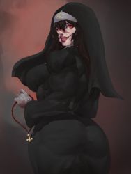 Rule 34 | 1girl, abs, bandaged arm, bandages, breasts, curvy, denim, facial scar, greyscale, hand wraps, highleg, highres, large breasts, long hair, looking at viewer, monochrome, muscular, muscular female, narrow waist, nun, pants, ramia-yana, ramia (ramia-yana), red eyes, scar, scar on cheek, scar on face, scar on nose, skin tight, solo, thick thighs, thighs, veins, wide hips