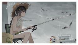 Rule 34 | 1girl, animal, bare arms, bare shoulders, bikini, bird, black hair, blue archive, boat, braid, brown hat, closed mouth, cloud, cloudy sky, commentary request, doran (dorannomai), feet out of frame, fishing line, fishing rod, hat, highres, holding, holding fishing rod, knees together feet apart, leaf, leaf on head, leaf print, long hair, miyu (blue archive), miyu (swimsuit) (blue archive), navel, on chair, outdoors, print bikini, profile, red eyes, seagull, sitting, sky, solo, straw hat, swimsuit, watercraft, white bikini