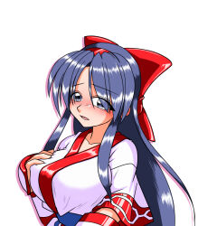Rule 34 | 1girl, ainu clothes, blue eyes, blue hair, blush, breasts, cleavage, fingerless gloves, gloves, hair ribbon, hand on own chest, large breasts, long hair, looking at viewer, nakoruru, open mouth, ribbon, samurai spirits, snk, solo