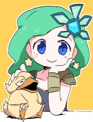 Rule 34 | 1girl, blue eyes, chocobo, closed mouth, dokan (dkn), earrings, fat chocobo, final fantasy, final fantasy iv, green hair, hair ornament, jewelry, long hair, looking at viewer, rydia (ff4), simple background, smile, star (symbol), yellow background