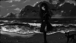 Rule 34 | 1girl, beach, closed mouth, cloud, fish, flying fish, from side, greyscale, highres, long hair, looking at viewer, miniskirt, monochrome, narue, ocean, original, outdoors, pantyhose, pleated skirt, sailor collar, school uniform, serafuku, skirt, solo, standing, waves, wide-eyed