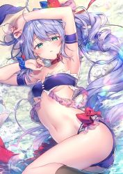 Rule 34 | 1girl, ahoge, armband, armpits, arms up, ass, azur lane, beach, bikini, black socks, bow, breasts, green eyes, hair between eyes, hair ornament, kneehighs, l&#039;opiniatre (azur lane), l&#039;opiniatre (beachside magician) (azur lane), long hair, looking at viewer, lying, navel, on back, outdoors, purple bikini, red bow, ribbon, riichu, sand, side ponytail, silver hair, small breasts, socks, solo, sparkle, stomach, swimsuit, thighs, very long hair, water, wet, wrist ribbon
