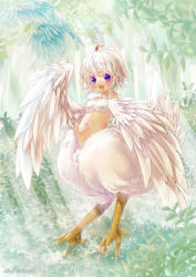 Rule 34 | 1girl, ahoge, artist name, bare shoulders, bird, bird legs, feathers, forest, harpy, highres, light rays, monster girl, nature, navel, open mouth, original, outdoors, purple eyes, shimizu miu, short hair, solo, sunbeam, sunlight, talons, taur, white feathers, white hair, white wings, winged arms, wings