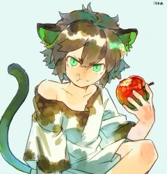 Rule 34 | 1boy, animal ears, apple, black hair, cat ears, cat tail, child, dirty, dirty clothes, food, food on face, fruit, green eyes, holding, holding food, isasasa001, looking at viewer, luo xiaohei, luo xiaohei zhanji, male focus, off shoulder, shirt, short hair, short sleeves, signature, single bare shoulder, solo, tail, upper body, white shirt