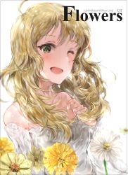 Rule 34 | 1girl, ;d, ahoge, bad id, bad pixiv id, blonde hair, chan1moon, collarbone, copyright name, detached sleeves, dress, flower, green eyes, hair between eyes, highres, hoshii miki, idolmaster, idolmaster (classic), idolmaster million live!, idolmaster million live! theater days, long hair, looking at viewer, one eye closed, open mouth, sleeveless, sleeveless dress, smile, solo, strapless, strapless dress, upper body, white dress, white flower, yellow flower