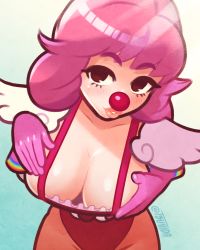 Rule 34 | 1girl, ace attorney, alternate breast size, artist name, blue background, blush, breast hold, breasts, brown eyes, cleavage, clown, clown nose, collarbone, downblouse, fake wings, female focus, geiru toneido, gloves, gradient background, groin, hands up, highres, large breasts, leaning forward, leotard, light rays, looking at viewer, mini wings, parted lips, phoenix wright: ace attorney - spirit of justice, pink gloves, pink hair, red leotard, shiny skin, short hair, sidelocks, signature, simple background, solo, standing, tsuvida, twitter username, upper body, white wings, wings