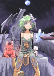 Rule 34 | 1990s (style), 1boy, 1girl, bahamut (final fantasy), blue eyes, breasts, cape, cleavage, crystal, demon, detached sleeves, dragon, earth (planet), final fantasy, final fantasy iv, green hair, ifrit, large breasts, lunar whale, monster, planet, retro artstyle, rydia (ff4), spacecraft, thighhighs, whyt