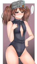 Rule 34 | 10s, 1girl, bad id, bad pixiv id, bare shoulders, blush, breasts, brown eyes, brown hair, cleavage cutout, clothing cutout, flat chest, front zipper swimsuit, inu (marukome), kantai collection, long hair, meme attire, one-piece swimsuit, red eyes, ryuujou (kancolle), small breasts, solo, standing, swimsuit, twintails, visor cap
