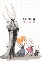 Rule 34 | 1girl, 3others, absurdres, armor, broken vessel (hollow knight), cape, crossed arms, dated, glowing, glowing eyes, highres, hollow eyes, hollow knight, hollow knight (character), hornet (hollow knight), knight (hollow knight), lantern, maga (comicfans100), multiple others, needle (hollow knight), painting (medium), shoulder armor, signature, simple background, sword, sword behind back, traditional media, watercolor (medium), weapon
