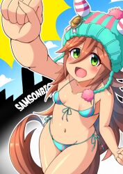 Rule 34 | animal ears, apoj, arm up, beanie, blush, breasts, brown hair, character name, clenched hands, collarbone, green eyes, hair between eyes, hair ornament, hat, highres, horse ears, horse girl, horse tail, looking at viewer, navel, open mouth, pom pom (clothes), pom pom beanie, samson big (umamusume), small breasts, swimsuit, tail, umamusume