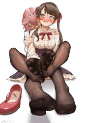 Rule 34 | 2girls, @ @, absurdres, aiharararara, barefoot, behind another, black pantyhose, blue eyes, blush, bow, breasts, brown hair, feet, foot focus, frilled skirt, frills, hair bow, highres, holding another&#039;s arm, hololive, large breasts, long hair, looking at another, multiple girls, oozora subaru, open mouth, pantyhose, pink nails, purple hair, red bow, red footwear, short hair, simple background, sitting, skirt, sweatdrop, sweater, takane lui, teeth, toes, twintails, upper teeth only, virtual youtuber, white background, wings, yellow eyes