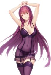 Rule 34 | 1girl, armpits, arms up, breasts, cleavage, covered navel, fate/grand order, fate (series), garter straps, guang yiren, large breasts, lingerie, long hair, looking to the side, nail polish, nightgown, panties, parted lips, purple hair, red eyes, scathach (fate), scathach (fate), see-through, simple background, solo, standing, thighhighs, underwear, white background