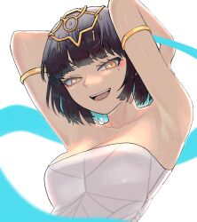 Rule 34 | 1girl, :d, armlet, armpits, arms behind head, arms up, bare shoulders, black hair, blue hair, breasts, cleavage, collarbone, colored inner hair, eyelashes, eyeshadow, headpiece, highres, khali (maplestory), light blue hair, light green hair, looking at viewer, makeup, maplestory, medium breasts, mole, mole on armpit, mole under eye, multicolored hair, multiple moles, open mouth, orangewink, pink eyeshadow, short hair, smile, solo, strapless, teeth, two-tone hair, upper body, upper teeth only, yellow eyes