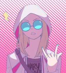 Rule 34 | 1girl, blonde hair, blue-tinted eyewear, blue-tinted glasses, grin, gwen stacy, hood, hoodie, jacket, jewelry, looking at viewer, marvel, medium hair, multicolored clothes, nail polish, ring, shirt, smile, spider-gwen, spider-man (series), sunglasses, sushi pizza rrr, tagme, thunder, tinted eyewear