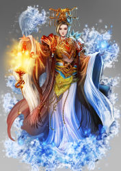Rule 34 | 1girl, antilous, brown hair, chinese clothes, chinese mythology, facial mark, floral print, forehead mark, full body, grey background, hair rings, headpiece, highres, lantern, looking at viewer, mazu, original, solo, standing, water, wide sleeves