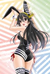 Rule 34 | 10s, 1girl, animal ears, ass, bare shoulders, black hair, blush, brown eyes, camouflage, dazzle paint, fake animal ears, gradient background, hair ornament, hairband, hairclip, haruna (kancolle), highres, kantai collection, leotard, long hair, neko danshaku, open mouth, playboy bunny, rabbit ears, solo, striped, striped background, thighhighs