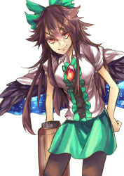 Rule 34 | 1girl, adapted costume, arm cannon, bad id, bad pixiv id, bow, brown hair, cape, eyelashes, feathered wings, green skirt, hair between eyes, hair ribbon, leaning forward, looking at viewer, maware maware, miniskirt, pantyhose, puffy short sleeves, puffy sleeves, red eyes, reiuji utsuho, ribbon, shirt, short sleeves, skirt, smile, solo, standing, third eye, tight shirt, touhou, weapon, white shirt, wings