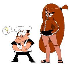 Rule 34 | 1boy, 1girl, ?, bandaid, bandaid on knee, bandaid on leg, black footwear, black hair, black shorts, breasts, brown hair, chef hat, commentary request, covered mouth, dark-skinned female, dark skin, facial hair, food-themed clothes, hands in pockets, hat, high collar, jacket, long hair, looking at another, mustache, neamosub, oekaki, peppino spaghetti, personification, pizza tower, raised eyebrow, sandals, sausage toppin (pizza tower), short hair, short ponytail, shorts, simple background, small breasts, spoken question mark, thinking, track jacket, very long hair, white background