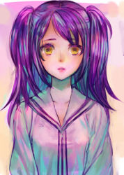 Rule 34 | 1girl, lipstick, looking at viewer, lowres, makeup, multicolored hair, na2, parted lips, purple hair, school uniform, serafuku, short hair, solo, twintails, two side up, upper body, yellow eyes