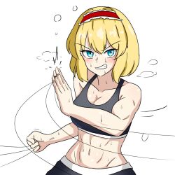 Rule 34 | 1girl, abs, alice margatroid, alternate costume, bare arms, bare shoulders, black bra, black pants, blonde hair, blue eyes, blush, bra, breasts, cleavage, clenched hand, clenched teeth, closed mouth, collarbone, commentary, ehehe52921343, english commentary, frilled hairband, frills, hair between eyes, hairband, highres, lolita hairband, looking at viewer, medium breasts, medium hair, midriff, muscular, muscular female, navel, pants, red hairband, simple background, solo, sports bra, steaming body, stomach, string, sweat, teeth, touhou, underwear, upper body, white background