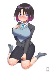 Rule 34 | 1girl, black hair, blue eyes, blush, breasts, cheesestyx, elma (maidragon), glasses, gradient hair, highres, kobayashi-san chi no maidragon, large breasts, looking at viewer, multicolored hair, necktie, short hair, simple background, solo, sweater, white background
