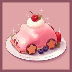 Rule 34 | 5health, absurdres, blueberry, car mouth, cherry, cream, food, food focus, fruit, highres, kirby, kirby (series), kirby and the forgotten land, kirby cafe, mint, nintendo, no humans, pink background, plate, simple background, sparkle, star (symbol), strawberry