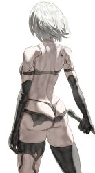 Rule 34 | 1girl, a2 (nier:automata), android, ass, bare shoulders, breasts, elbow gloves, from behind, gloves, highres, huge ass, medium breasts, nier:automata, nier (series), short hair, short shorts, shorts, sideboob, solo, sword, thighhighs, thong, torn clothes, torn legwear, uenoryoma, weapon, white hair