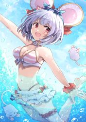 Rule 34 | 1girl, animal ears, barefoot, bikini, blush, breasts, bubble, cleavage, cloud, commentary request, eyewear on head, fake animal ears, frilled skirt, frills, granblue fantasy, gum (vivid garden), highleg, highleg bikini, highres, medium breasts, mouse (animal), mouse ears, navel, open mouth, partially submerged, pink eyes, scrunchie, short hair, silver hair, skirt, sky, solo, striped bikini, striped clothes, sunglasses, swimsuit, vikala (blooming summer wallflower) (granblue fantasy), vikala (granblue fantasy)